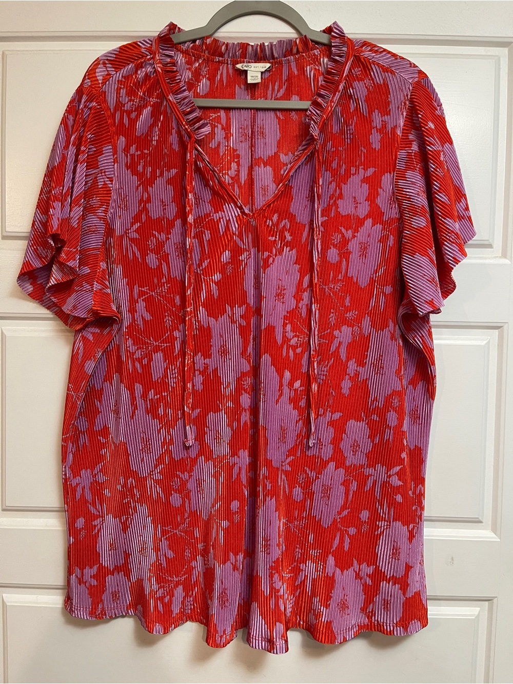 Cato Red and Lavender Floral Tie-Front Flutter Blouse